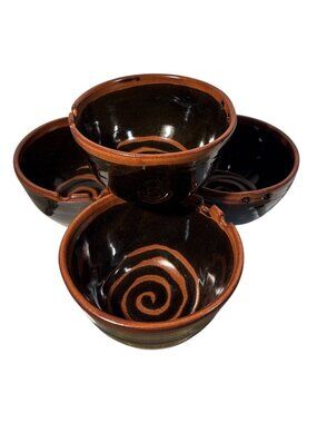 Ruth Dalton Pottery Bowls Brown & Black Glaze Spiral Design 5.25" Set Of 4 Canad